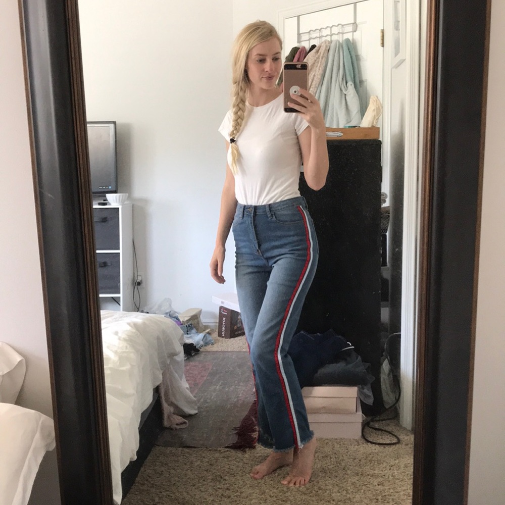 Red & white striped straight leg vintage denim